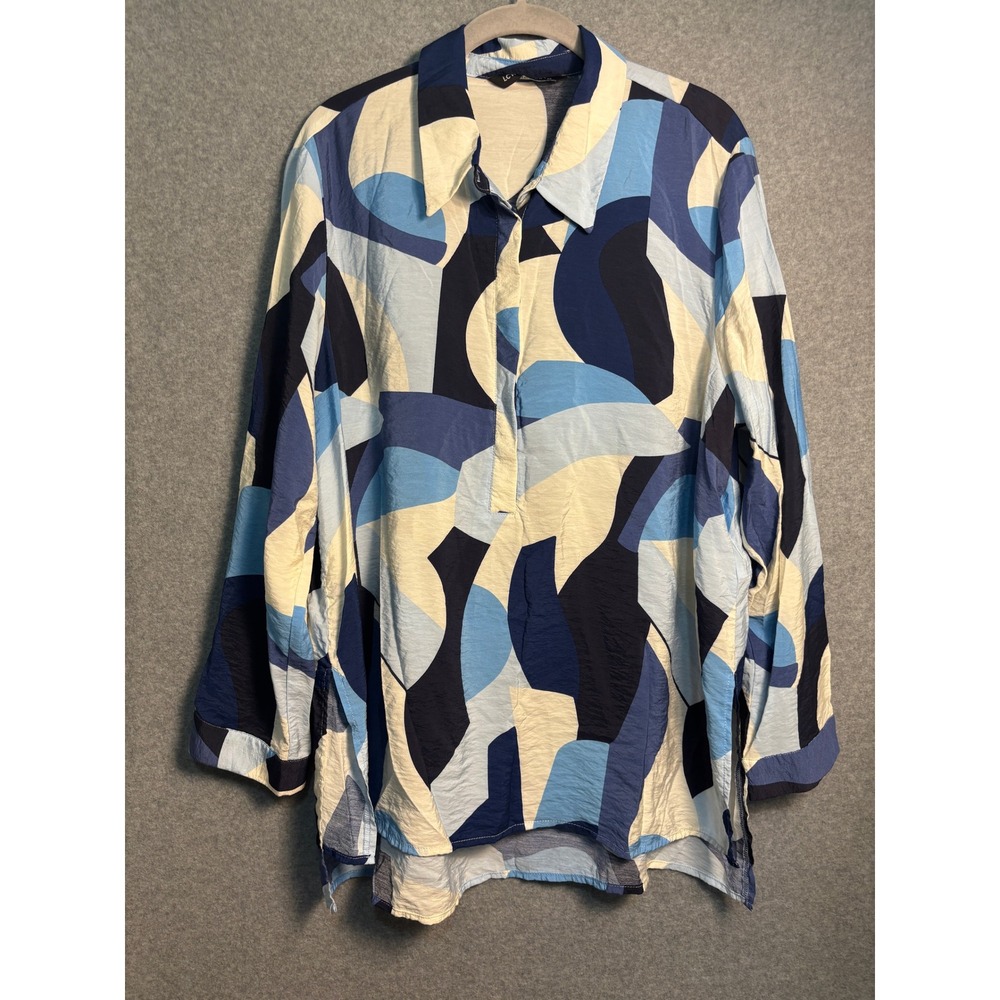 LCW Modest Abstract Geometric Tunic Blouse Women Large Blue Artsy Minimalist